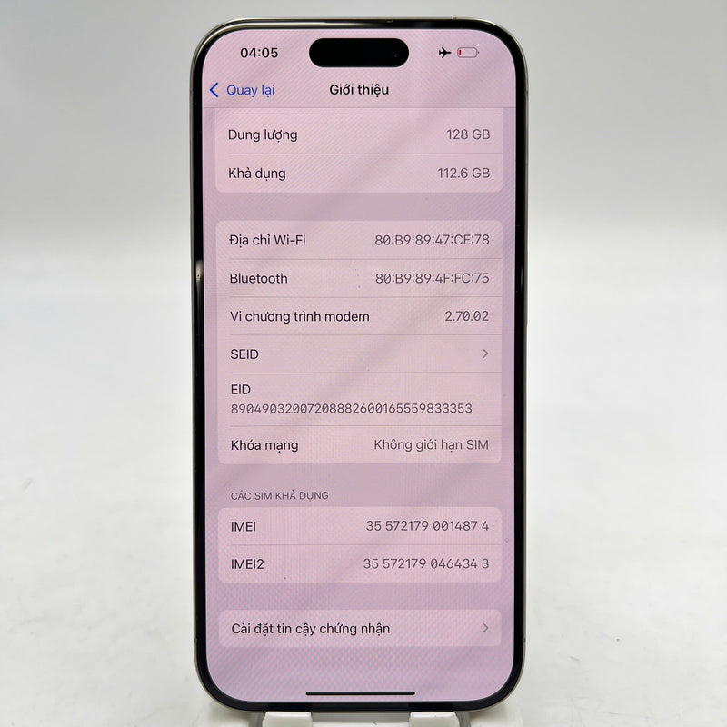 iPhone 15 Pro 128GB သဘာဝ 98% ဘက်ထရီ 86% International Apple - HH4874 