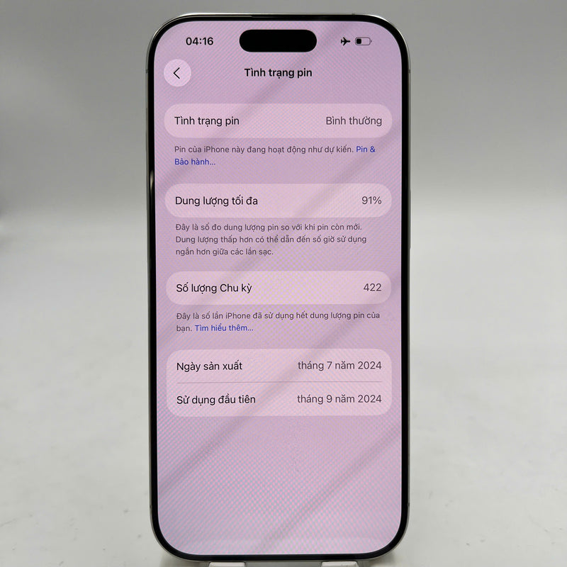 iPhone 16 Pro 256GB အဖြူရောင် 98% ဘက်ထရီ 91% International Apple - HH3355 