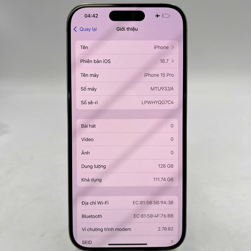 iPhone 15 Pro 128GB သဘာဝ 98% ဘက်ထရီ 90% International Apple - HH6229 