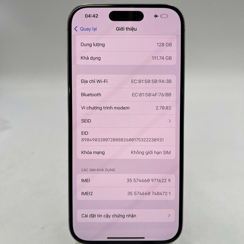 iPhone 15 Pro 128GB သဘာဝ 98% ဘက်ထရီ 90% International Apple - HH6229 