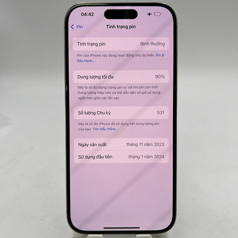 iPhone 15 Pro 128GB သဘာဝ 98% ဘက်ထရီ 90% International Apple - HH6229 