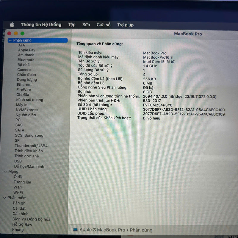 Macbook Pro 2020 13.3in Xám Intel Core i5/ RAM 8GB/ SSD 512GB 98% Sạc 43 lần BPTN