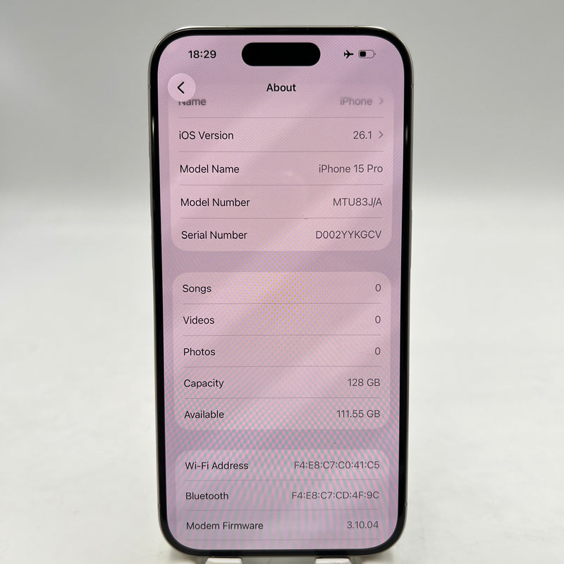 iPhone 15 Pro 128GB အဖြူရောင် 98% ဘက်ထရီ 100% Apple International (ဘက်ထရီ အစားထိုး) - HH5114 