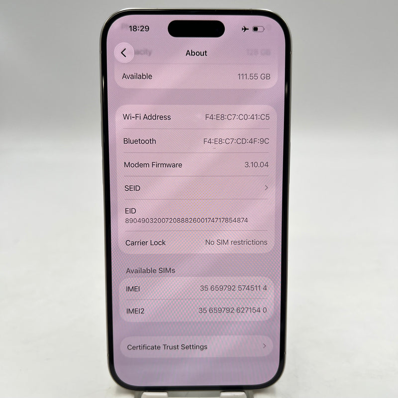 iPhone 15 Pro 128GB အဖြူရောင် 98% ဘက်ထရီ 100% Apple International (ဘက်ထရီ အစားထိုး) - HH5114 