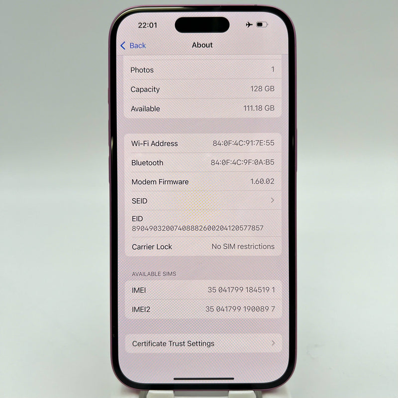 iPhone 16 128GB ပန်းရောင် 99% ဘက်ထရီ 100% နိုင်ငံတကာ AU (AU sim မသုံးပါ) - HH5191 
