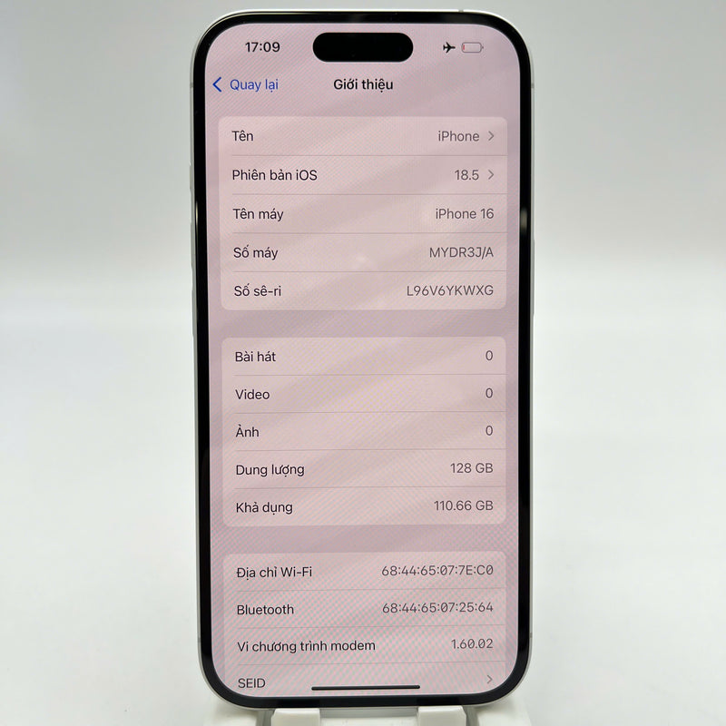 iPhone 16 128GB အဖြူရောင် 99% ဘက်ထရီ 100% နိုင်ငံတကာ DCM (DCM ဆင်းမ်မပါ - လိမ္မော်ရောင် အစွန်းများ) - HH1049 