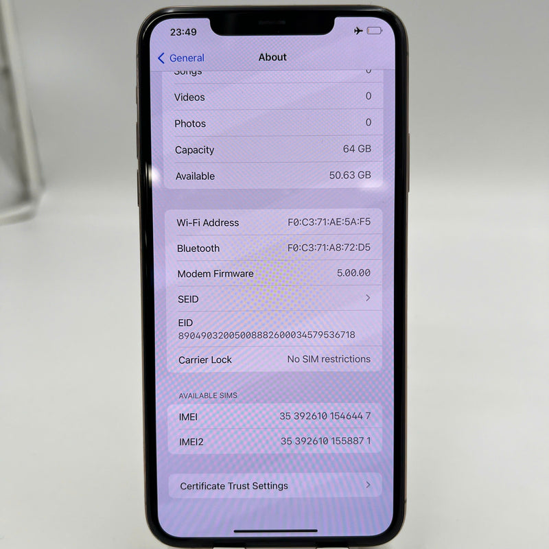 iPhone 11 Pro Max 64GB ရွှေရောင် 98% ဘက်ထရီ 100% စက်ပစ္စည်းသည် ကွန်ရက်အခကြေးငွေအားလုံးကို ပေးဆောင်ပြီး Apple International (Replaced battery, 1x spot) - HH6048 